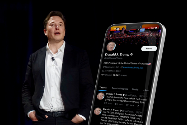 Elon Musk next to a phone displaying the Twitter account of Donald Trump, who has said he will continue to post only on Truth